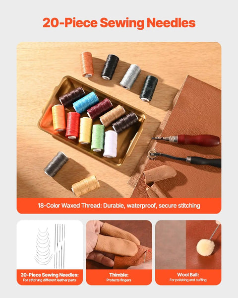 All In One Leather Craft Tool Kit 92 Piece Set With Portable Storage Bag Includes Engraving Punching Sewing Stamping Sanding Tools For Beginners DIY Enthusiasts And Pro Grade Leather Crafters showing sewing needles, threads on a tray, and thimbles on a wooden surface