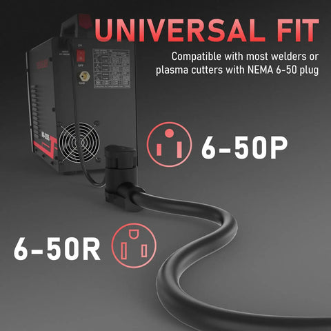 40 Foot 250 Volt Welder Extension Cord 8 AWG Three Conductor Power Extension For Welding Machines NEMA 6 50P To 6 50R Built Tough Flexible Indoor Outdoor Use, showing plug compatibility with 6-50P and 6-50R connections.