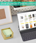 Gold Wood Sticky Note Holder For 3x3 Post It Notes Handy Dope Desk Organizer on clean workspace with laptop