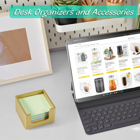 Gold Wood Sticky Note Holder For 3x3 Post It Notes Handy Dope Desk Organizer on clean workspace with laptop
