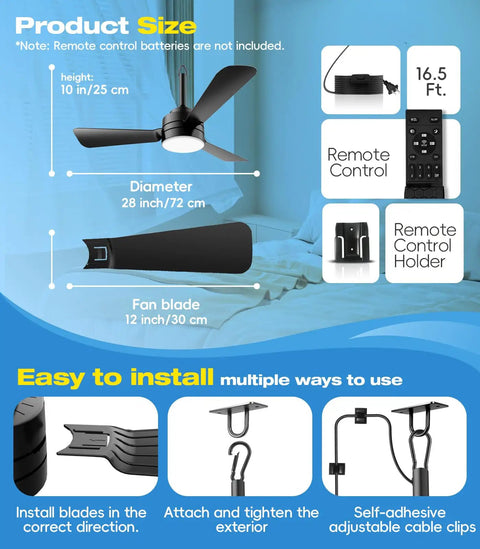 Plug In Ceiling Fan Light For Any Space, 28 Inch, No Wire Setup, Dimmable 3CCT LED, with remote, cord, and mounting hook featured.