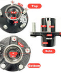 Rock Solid 2000 Lb Trailer Axle Spindle Complete With 5 On 4.5 Bolt Circle Pre Race Hub Assembly viewed from top, side, and bottom showing dimensions.