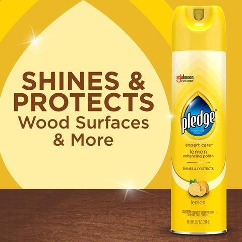 Quick Fix Wood Furniture Polish Spray For Stainless Steel And Hardwood Erases Sticky Fingerprints And Dust With A Zesty Lemon Scent in a yellow canister.
