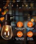 Close-up of 72 Ft Outdoor String Lights Kit With 30 Edison Style Bulbs and 24 Hanging Sockets showcasing a lit bulb and technical specs.