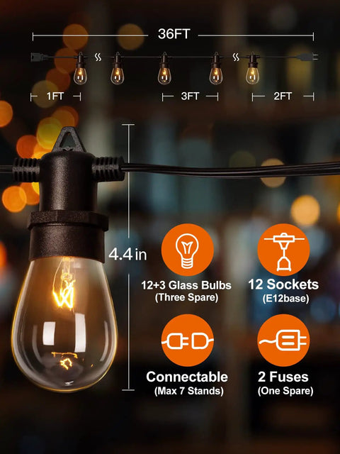 Close-up of 72 Ft Outdoor String Lights Kit With 30 Edison Style Bulbs and 24 Hanging Sockets showcasing a lit bulb and technical specs.