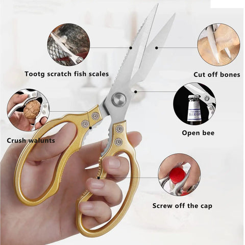 Heavy Duty Kitchen Scissors With Stainless Steel Blades And Aluminum Handles Dishwasher Safe Multipurpose Kitchen Shears For Meat Poultry Fish Seafood Herbs And Bread Gold Finish, gold handles