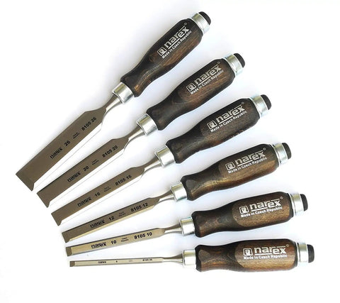 Heavy Duty Bevel Edge Chisel Set Featuring Heat Treated Alloy Steel Blades And Contoured Wooden Grips For Quick Woodworking Carves laid out for precision use.