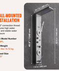 6-Mode Shower Panel System with Rainfall, Waterfall & 4 Body Massage Jets mounted against a marble backdrop, showcasing controls and dimensions.