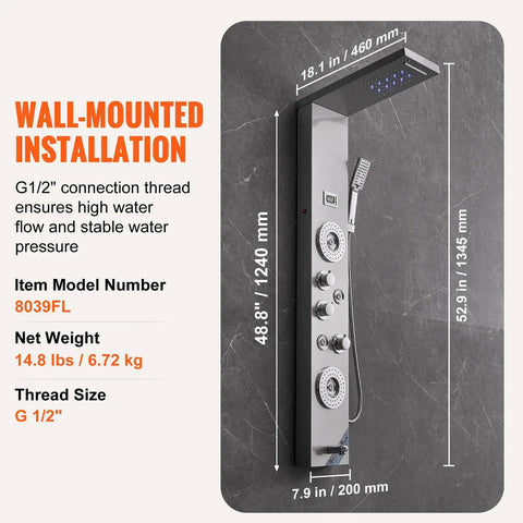 6-Mode Shower Panel System with Rainfall, Waterfall & 4 Body Massage Jets mounted against a marble backdrop, showcasing controls and dimensions.