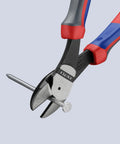 High Leverage Angled Diagonal Cutter 8 Inch With Comfort Grip Handles cutting a nail, showcasing its strength and versatility for rough jobs.