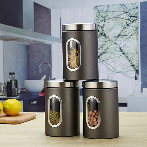 3Piece Stainless Steel Coffee Canisters With Wide Mouth Design Keep Your Grind Fresh No Cap Perfect For Nuts Pasta And Tea Kitchen Storage Setup Game Changer arranged on countertop.