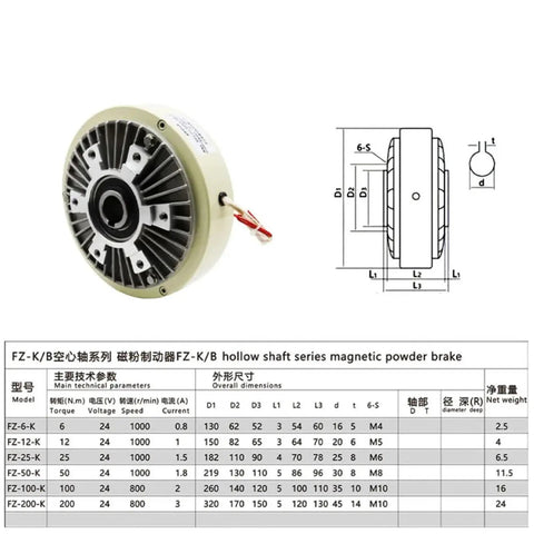 Beefy 50 Nm Magnetic Powder Brake With Hollow Shaft 24V DC 1000 RPM 5 Kg Unwinding For Tension Control And Continuous Sliding Load Simulation