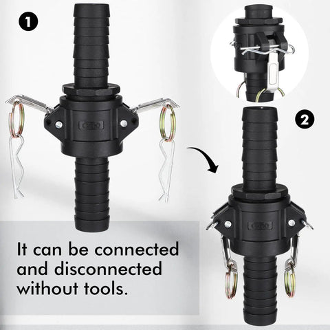 Camlock Fittings Kit 1 Inch Type C And E Polypropylene Cam And Groove Hose Fittings 8 Piece Set With 1 In Female Camlock And 1 In Male Camlock 1 In Hose Shank And Tube Couplings For Quick Connect, shown connected and disconnected without tools