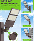 Side view of 240W LED Parking Lot Light With Photocell, 36000LM Shoebox Flood Light mounted on different poles and wall.