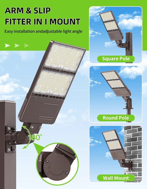 Side view of 240W LED Parking Lot Light With Photocell, 36000LM Shoebox Flood Light mounted on different poles and wall.