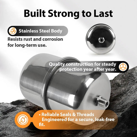 Pro Grade 2L Mini Thermal Expansion Tank With Half Inch Male Pipe Thread Tough As Nails Stainless Steel Body Built Different For Water Heater Protection And Zero Friction Pressure Relief In Tight Spots on rocky surface close-up.