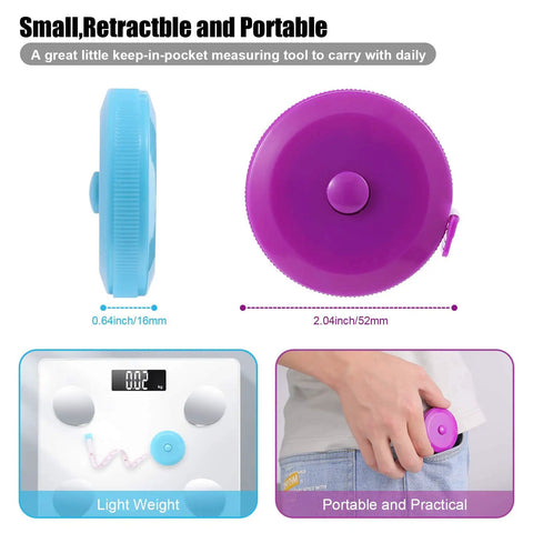 Retractable 60 Inch Tape Measure Set For Sewing, Crafting And DIY, Fiberglass Non Stretch Mini Measuring Tapes in Purple and Blue