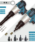 Cordless Electric Rivet Nut Gun With 26V Portable Battery for M3 to M12 setups, includes various nozzles and grip for easy operation.