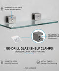 Stainless Steel Glass Shelf Clamps For Tempered Glass Panels Wall Mount Bathroom Brackets That Grip The Edge No Drill Floating Shelf Support Hardware 4 Pack shown installed on wall with tempered glass shelf.
