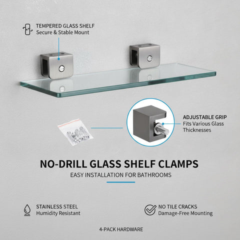 Stainless Steel Glass Shelf Clamps For Tempered Glass Panels Wall Mount Bathroom Brackets That Grip The Edge No Drill Floating Shelf Support Hardware 4 Pack shown installed on wall with tempered glass shelf.