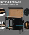 Boss Level Multipurpose Workbench With Lockable Storage Cabinet And Slide Drawer, DIY Friendly Workshop Tool Table With Pegboard And 20 Hooks image showing storage features including drawer, shelf, and pegboard.