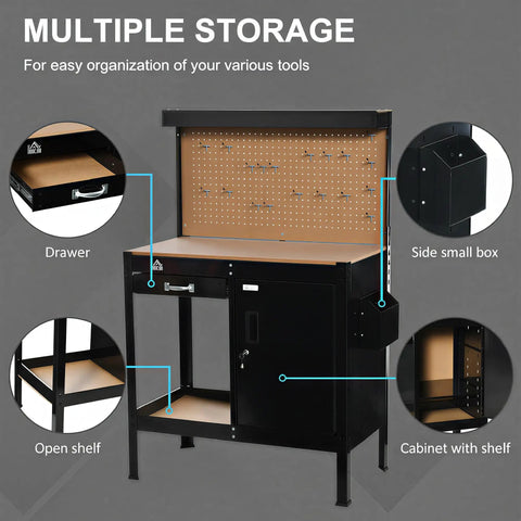 Boss Level Multipurpose Workbench With Lockable Storage Cabinet And Slide Drawer, DIY Friendly Workshop Tool Table With Pegboard And 20 Hooks image showing storage features including drawer, shelf, and pegboard.