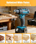 Cordless drill with hex shank drill bit on workbench, suitable for hardwood, softwood, plywood; storage case in background.