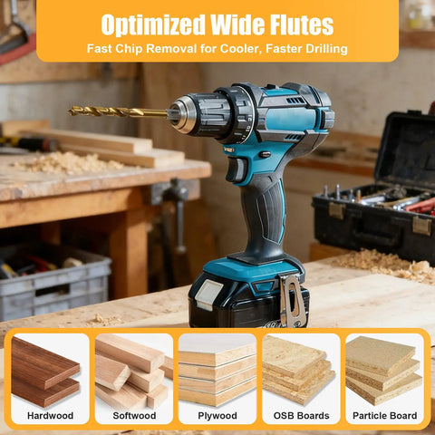 Cordless drill with hex shank drill bit on workbench, suitable for hardwood, softwood, plywood; storage case in background.
