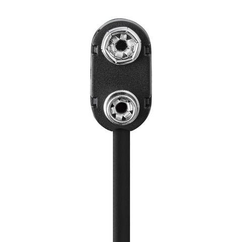 Close-up of 9V Battery Snap On Clip Connector Kit with hard shell and insulated wires, UL listed, RoHS compliant, single piece.