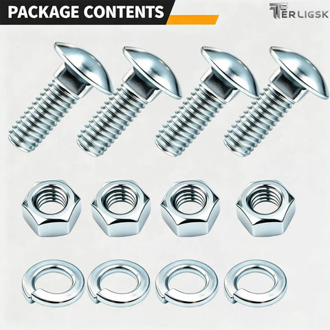 Rustproof Chrome Bumper Bolts Kit 7/16-14 By 1-1/4 Inch Carriage Bolts With Nuts And Lock Washers, 4 Sets, Heavy Duty Chrome Plated Steel For Ford F-150 F-250 F-350 Mustang Front And Rear Bumper Replacement. Package contents: 4 bolts, 4 nuts, 4 lock washers