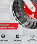 Close-up of 6 Inch Fence Gate Wheel With 360 Degree Swivel Rotation Heavy Duty Gate Caster Solid Rubber Tire Spring Loaded, red hub.