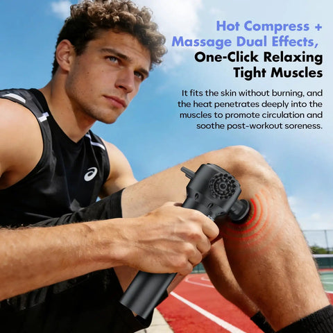 Athlete using deep tissue massage gun with heating on leg muscles outdoor, showing handheld vibration massager in use.