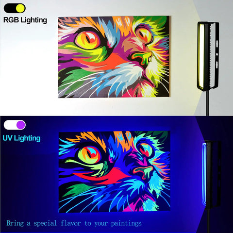 RGB and UV lighting effects on colorful cat painting with Two Pack 50W LED Black Light Bar For Glow Parties And Party Vibes