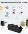 Bluetooth Speaker With FM Radio And 5 In 1 Music Player on a table with icons of functions in background
