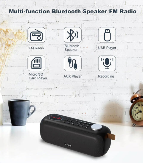 Bluetooth Speaker With FM Radio And 5 In 1 Music Player on a table with icons of functions in background