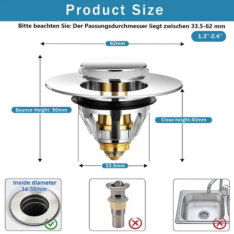 Premium Bathroom Sink Pop Up Plug Drain Filter For 1.2 To 1.42 Inch Basins Stainless Steel Hair Catcher dimensions diagram