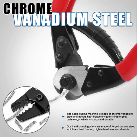 Chrome vanadium steel cutter from Pro Grade 123 Piece Wire Rope Kit With 24 Inch Crimping Tool 8 Inch Cable Cutter Aluminum Loop Sleeves Stainless Steel Cable Thimbles And Anti Cut Gloves For DIY Rigging Marine And Heavy Duty Hardware