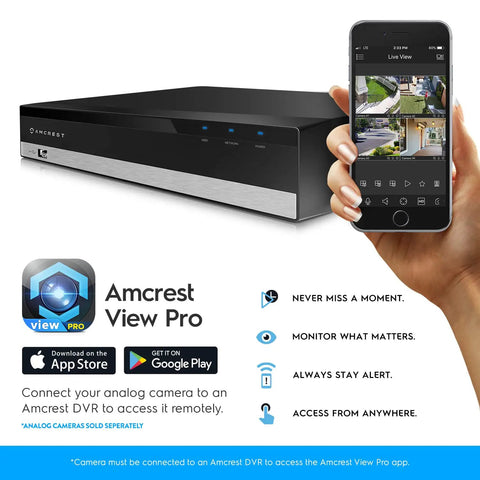 User holding phone next to 5MP UltraHD 8 Channel DVR Security System For Analog Cameras, remote smartphone access displayed
