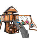 Cedar Wood Swing Set With Wave Slide And Elevated Clubhouse Play Kitchen And Picnic Area Belt And Web Swings Rock Wall Balconies