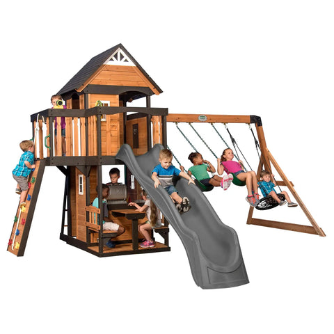 Cedar Wood Swing Set With Wave Slide And Elevated Clubhouse Play Kitchen And Picnic Area Belt And Web Swings Rock Wall Balconies