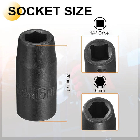 Harfington Super Shallow 6mm Metric Impact Socket With 1/4 Inch Drive And Long Hex Adapter Made Of Heavy Duty CR-V Steel For Tough Bolts, Nuts And Easy Access Tight Spots On Any Car Or Bike Project. 6mm x 25mm impact socket, 1/4 drive, CR-V steel