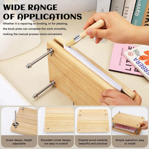 Wooden Book Press Kit For DIY Bookbinding 7.9 By 11.6 Inches Portable And Easy To Assemble shown with a hand using it