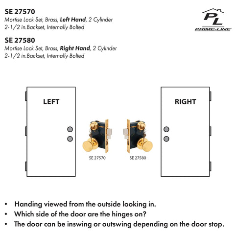 Diagram showing Two And A Half Inch Backset Mortise Lockset In Wrought Solid Brass Right Handed Classic Door Hardware installed on doors.
