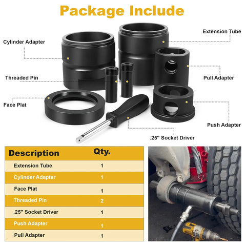 Pin And Bushing Adapter Tool Service Kit OE Part 15012 with components labeled, used for removing pins and bushings