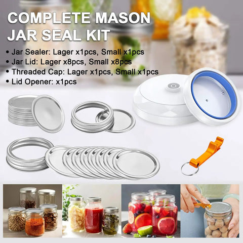 Complete mason jar seal kit with lids, seals, vacuum sealer, and lid opener for No Frills Set Of 30 BPA Free Reusable Sous Vide Vacuum Bags.