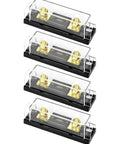 250A Inline ANL Fuse Holder Pack Of 4 For Car Audio Amplifiers, 0, 2, And 4 Gauge Wiring, Corrosion Resistant Terminals, High Temp ABS Base, Crystal Clear Lid For Quick Fuse Status, Includes 2 Mounting Holes. Four-pack ANL fuse holders with clear lids, brass terminals, and black bases.