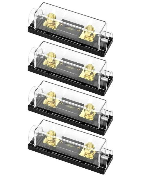 250A Inline ANL Fuse Holder Pack Of 4 For Car Audio Amplifiers, 0, 2, And 4 Gauge Wiring, Corrosion Resistant Terminals, High Temp ABS Base, Crystal Clear Lid For Quick Fuse Status, Includes 2 Mounting Holes. Four-pack ANL fuse holders with clear lids, brass terminals, and black bases.