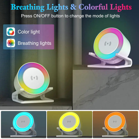 4 In 1 Night Light Bluetooth Speaker With Wireless Charging 15W in dynamic color mode, showing multiple light settings.