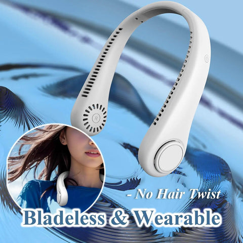Slick Bladeless Portable Neck Fan For Car Drivers And Ev Owners Killer Hands Free Cooling with adjustable silicone band.