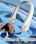 Wearable Bladeless Neck Fan Offering Hands Free Cooling Plus Three Speed Settings Designed For Toyota Bz4x Ev Suv Drivers Keeping Riders Crisp And Totally Sweat Free During Summer Commutes Or Weekend Getaway Adventures in white color.